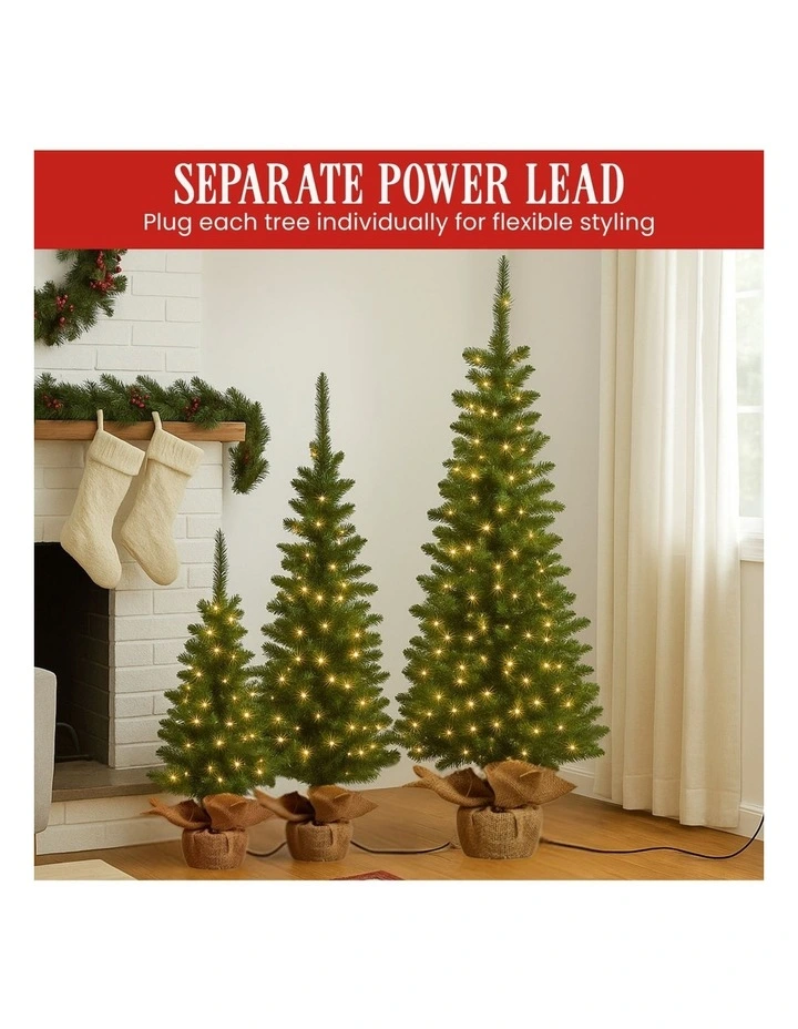 Christabelle Set of 3 Pre-Lit Christmas Trees Green Pine LED Lights Hessian Base Individual Plugs image 7