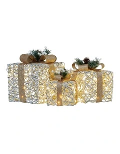 Christabelle 3 Piece Christmas Present Display Set with LED Lights & Gold Bows