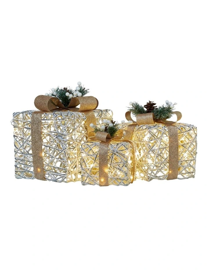 Christabelle 3 Piece Christmas Present Display Set with LED Lights & Gold Bows image 1