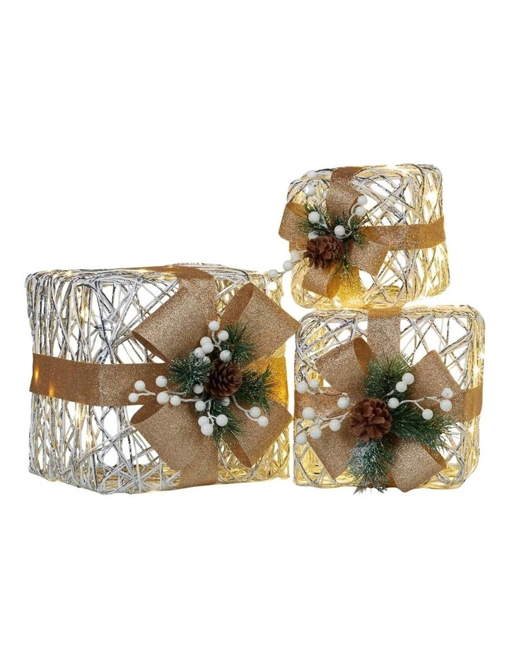 Christabelle 3 Piece Christmas Present Display Set with LED Lights & Gold Bows image 2