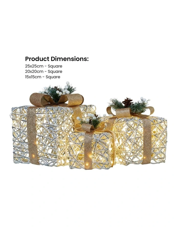 Christabelle 3 Piece Christmas Present Display Set with LED Lights & Gold Bows image 3