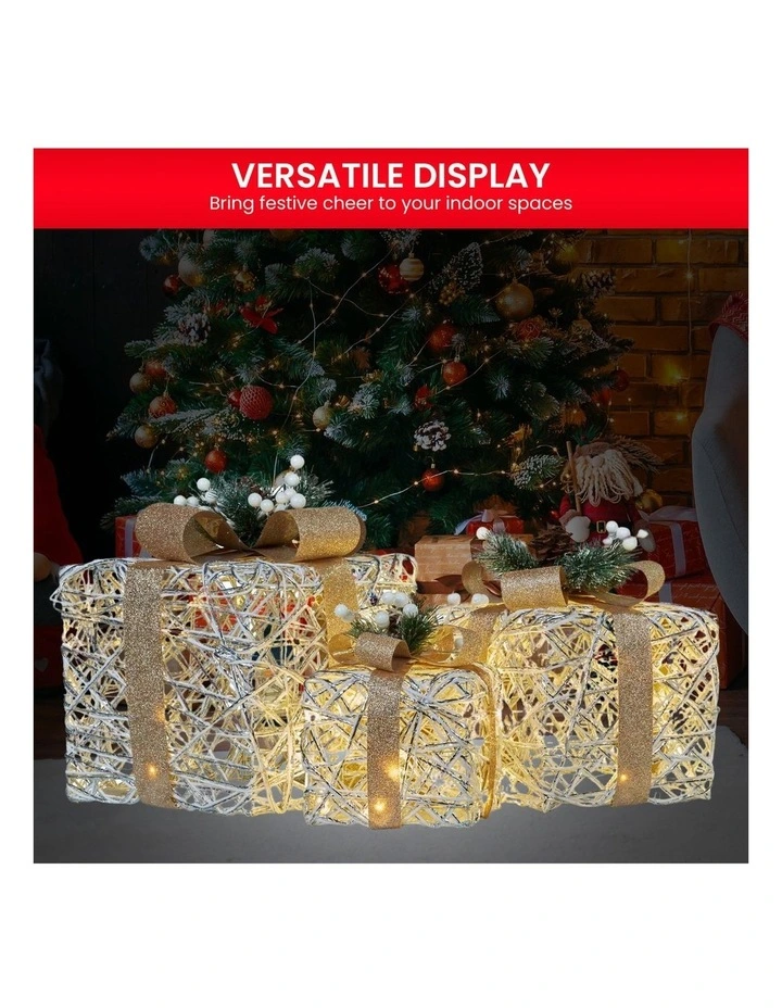 Christabelle 3 Piece Christmas Present Display Set with LED Lights & Gold Bows image 5