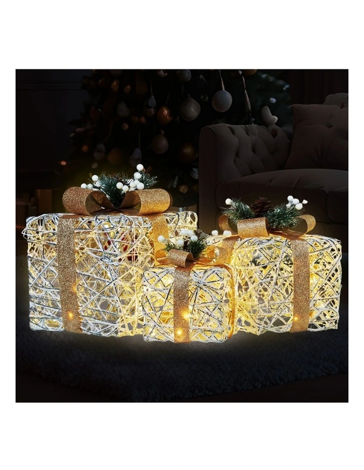 Christabelle 3 Piece Christmas Present Display Set with LED Lights & Gold Bows image 6