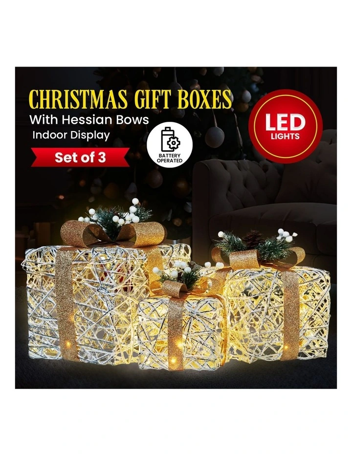 Christabelle 3 Piece Christmas Present Display Set with LED Lights & Gold Bows image 7