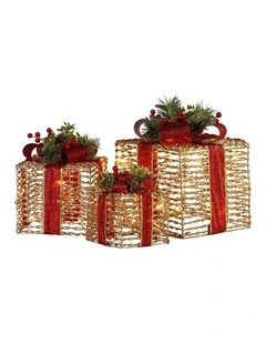 Christabelle Set of 3 Christmas Gift Boxes with Lights - Champagne with Red Bows
