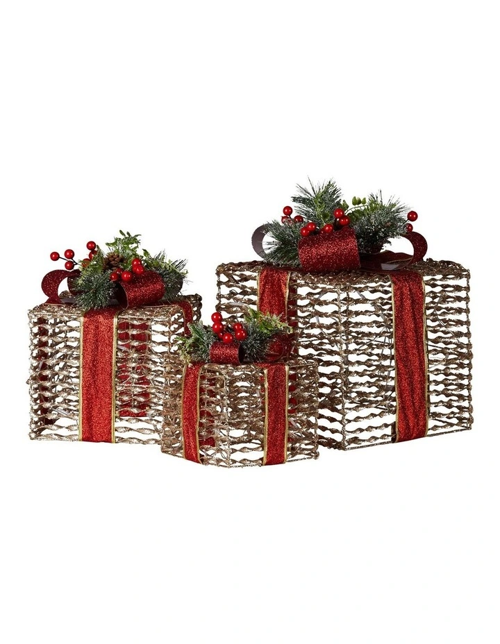 Christabelle Set of 3 Christmas Gift Boxes with Lights - Champagne with Red Bows image 2