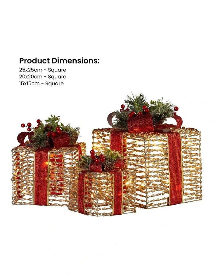 Christabelle Set of 3 Christmas Gift Boxes with Lights - Champagne with Red Bows image 3