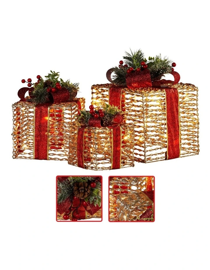 Christabelle Set of 3 Christmas Gift Boxes with Lights - Champagne with Red Bows image 4