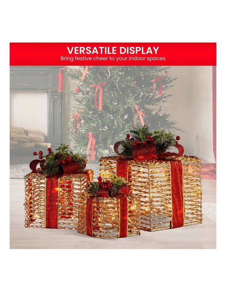 Christabelle Set of 3 Christmas Gift Boxes with Lights - Champagne with Red Bows image 5