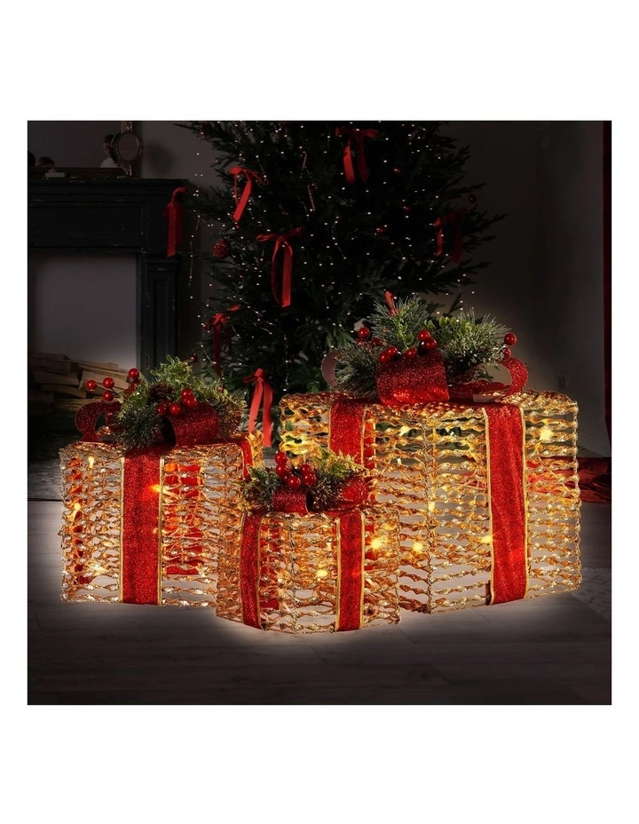 Christabelle Set of 3 Christmas Gift Boxes with Lights - Champagne with Red Bows image 6
