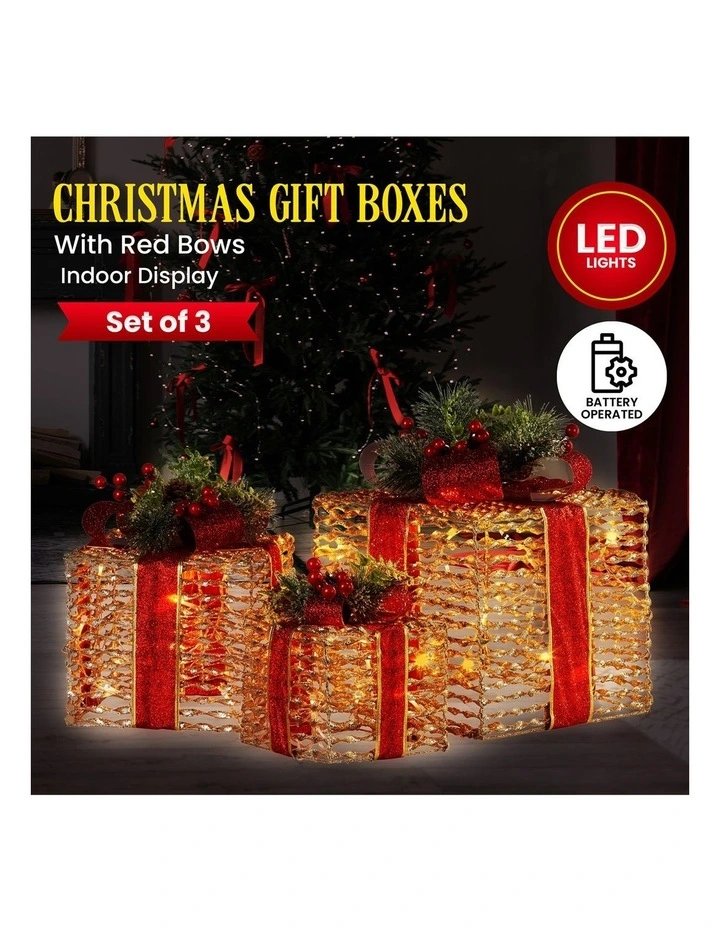 Christabelle Set of 3 Christmas Gift Boxes with Lights - Champagne with Red Bows image 7