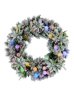 Christabelle Stunning 61cm Snowy Christmas Wreath with LED Lights Crown Pine Baubles Front Door