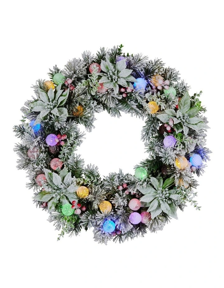 Christabelle Stunning 61cm Snowy Christmas Wreath with LED Lights Crown Pine Baubles Front Door image 1