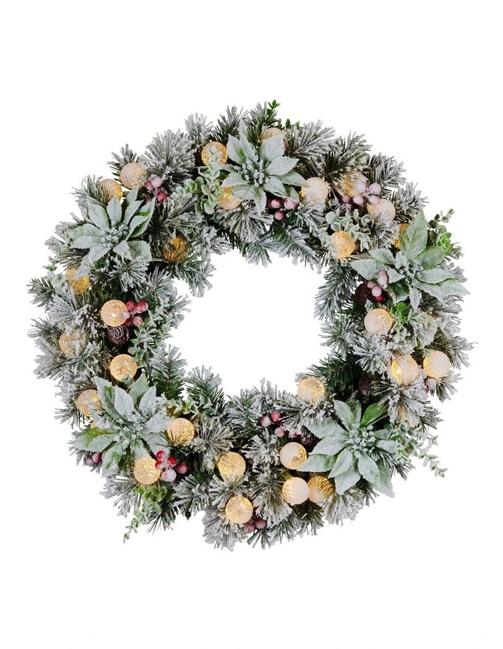Christabelle Stunning 61cm Snowy Christmas Wreath with LED Lights Crown Pine Baubles Front Door image 2