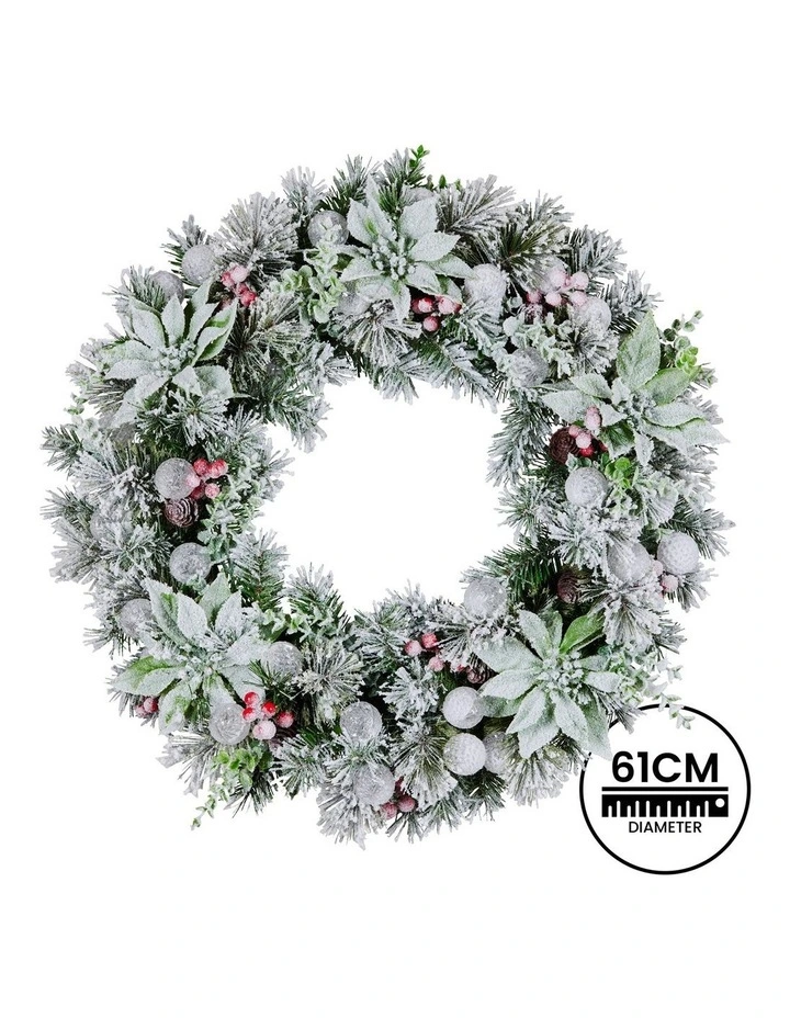 Christabelle Stunning 61cm Snowy Christmas Wreath with LED Lights Crown Pine Baubles Front Door image 3