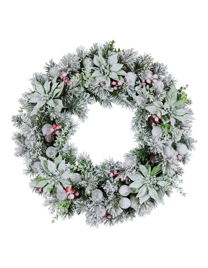 Christabelle Stunning 61cm Snowy Christmas Wreath with LED Lights Crown Pine Baubles Front Door image 4