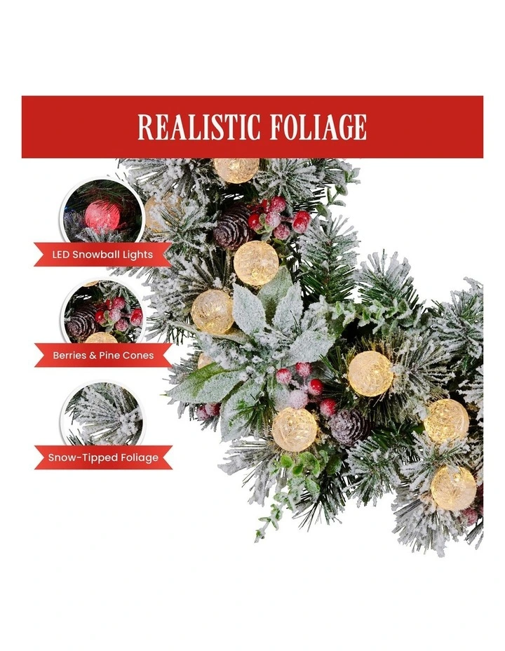 Christabelle Stunning 61cm Snowy Christmas Wreath with LED Lights Crown Pine Baubles Front Door image 6