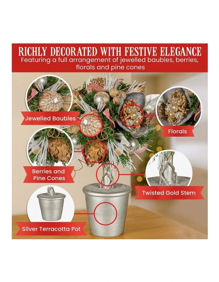 Christabelle 36cm Christmas Tabletop Topiary with Jewelled Baubles and Pine Cone image 4