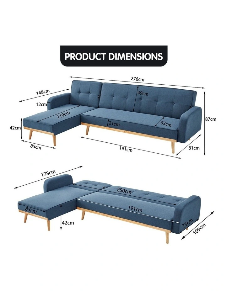 Sarantino 3-Seater Corner Sofa Bed with Chaise Lounge - Blue image 3
