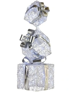 Christabelle 83cm Triple Christmas Silver Giftbox Stack Display with Lights