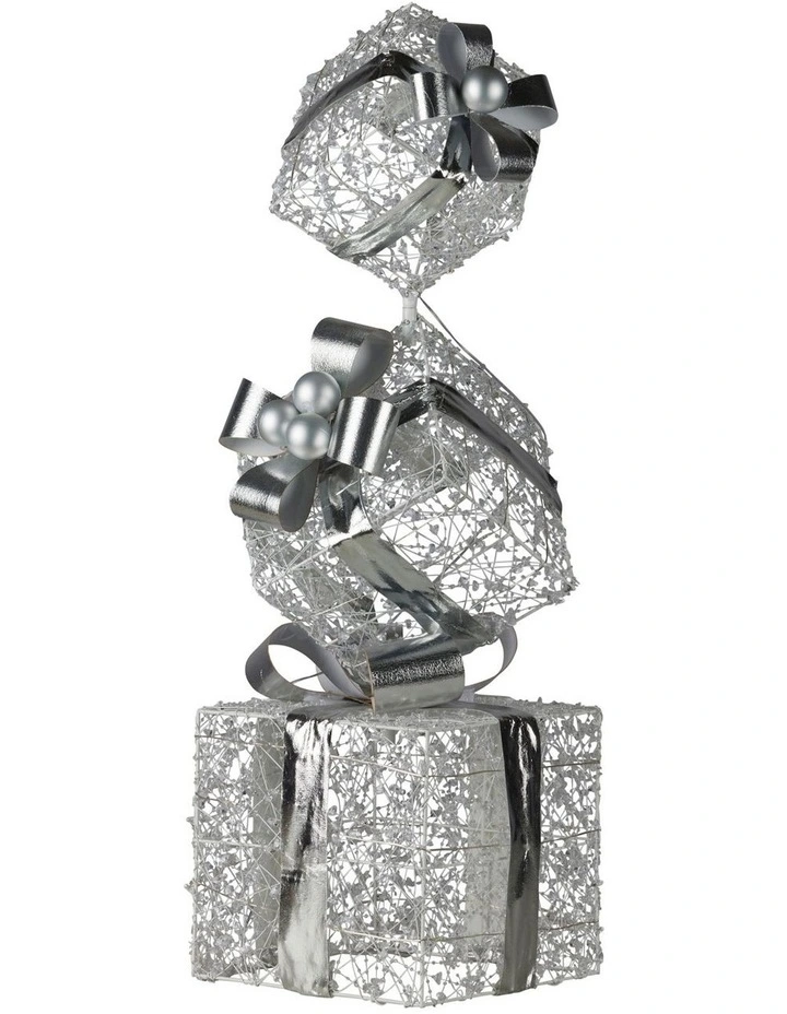 Christabelle 83cm Triple Christmas Silver Giftbox Stack Display with Lights image 2