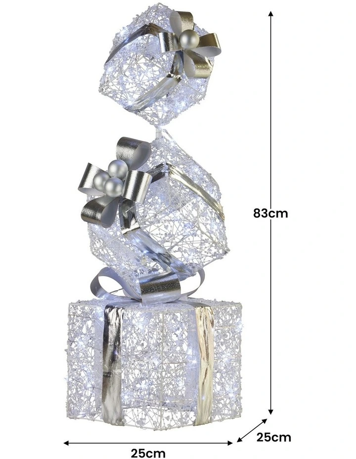 Christabelle 83cm Triple Christmas Silver Giftbox Stack Display with Lights image 3