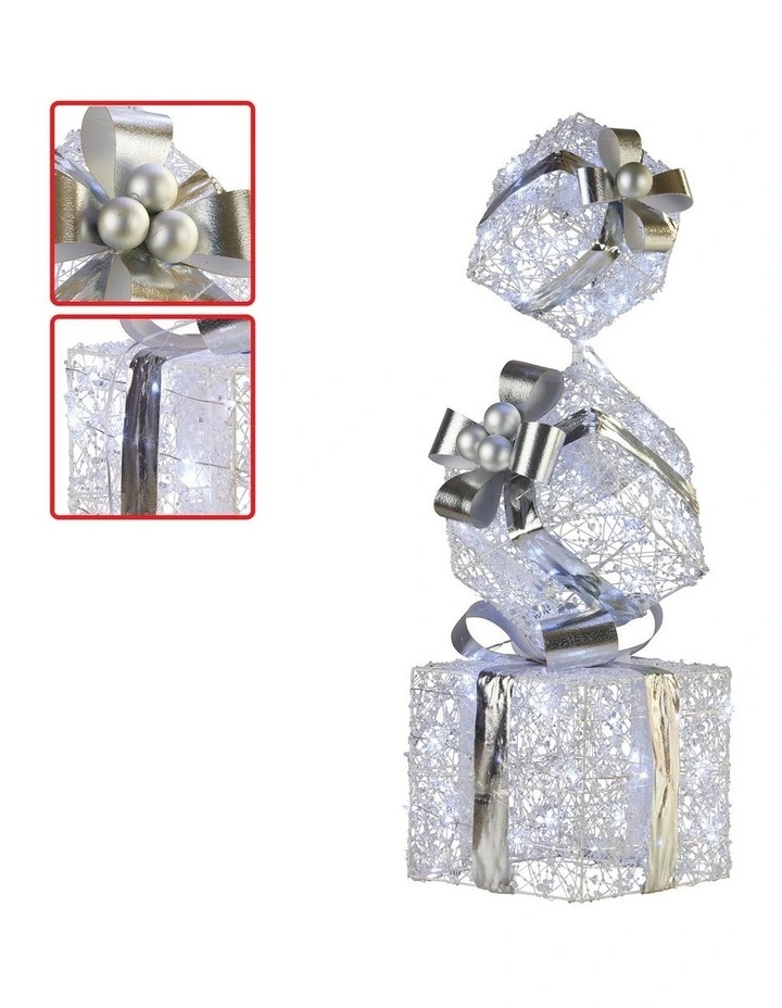 Christabelle 83cm Triple Christmas Silver Giftbox Stack Display with Lights image 4