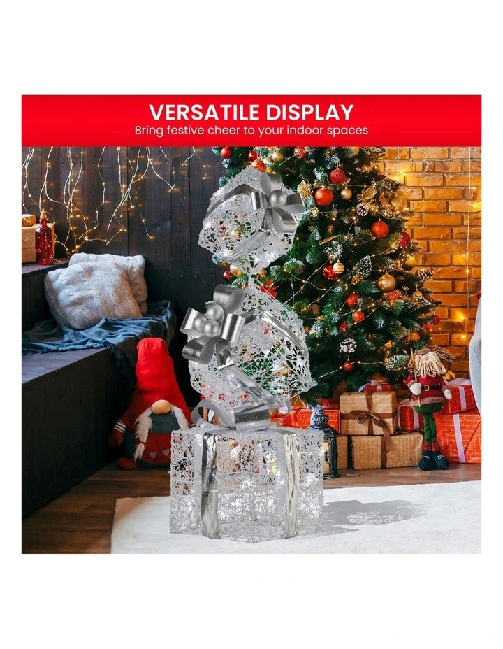 Christabelle 83cm Triple Christmas Silver Giftbox Stack Display with Lights image 5