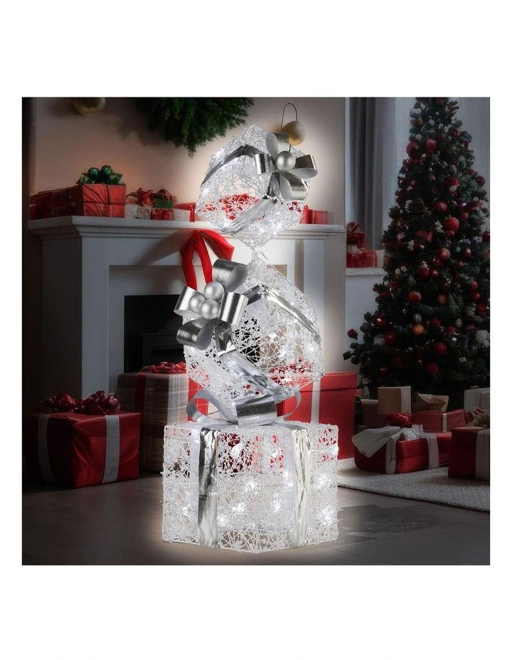 Christabelle 83cm Triple Christmas Silver Giftbox Stack Display with Lights image 6