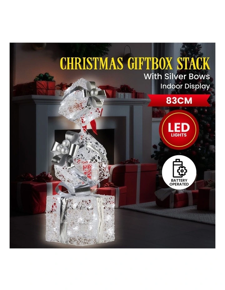 Christabelle 83cm Triple Christmas Silver Giftbox Stack Display with Lights image 7