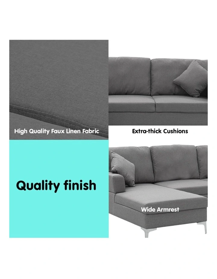 Sarantino Linen Corner Sofa Couch Lounge L-shape Right Chaise D.Grey image 2