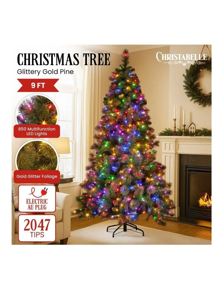 Christabelle 9ft Christmas Tree Glittery Gold Pine Needles 850 LED Multi-Functional Lights Xmas image 5
