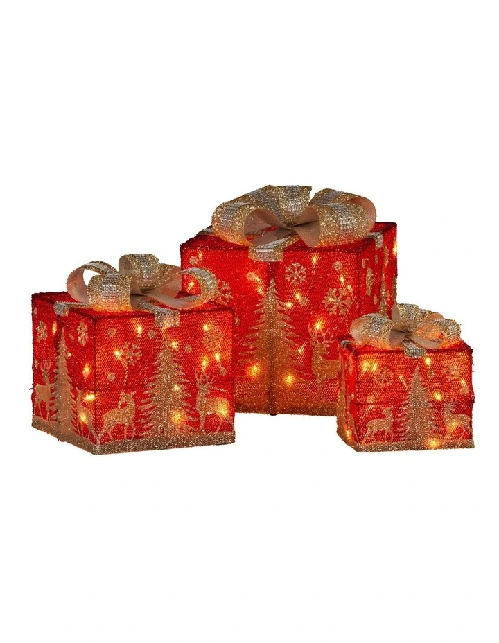 Christabelle Set of 3 Christmas Gift Box Display with LED Lights and Bows Decoration Ornament image 1