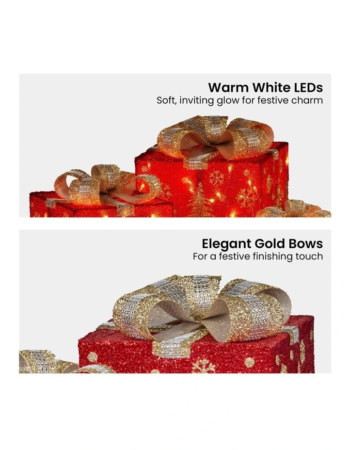 Christabelle Set of 3 Christmas Gift Box Display with LED Lights and Bows Decoration Ornament image 3