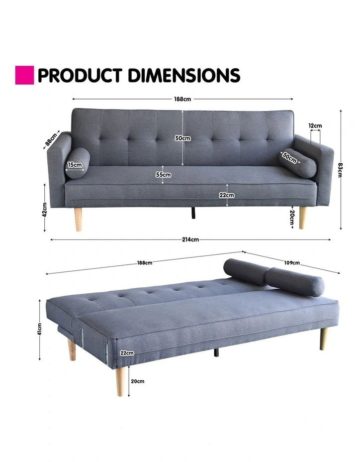 Sarantino 3 Seater Linen Sofa Bed Couch with Pillows - Dark Grey image 3