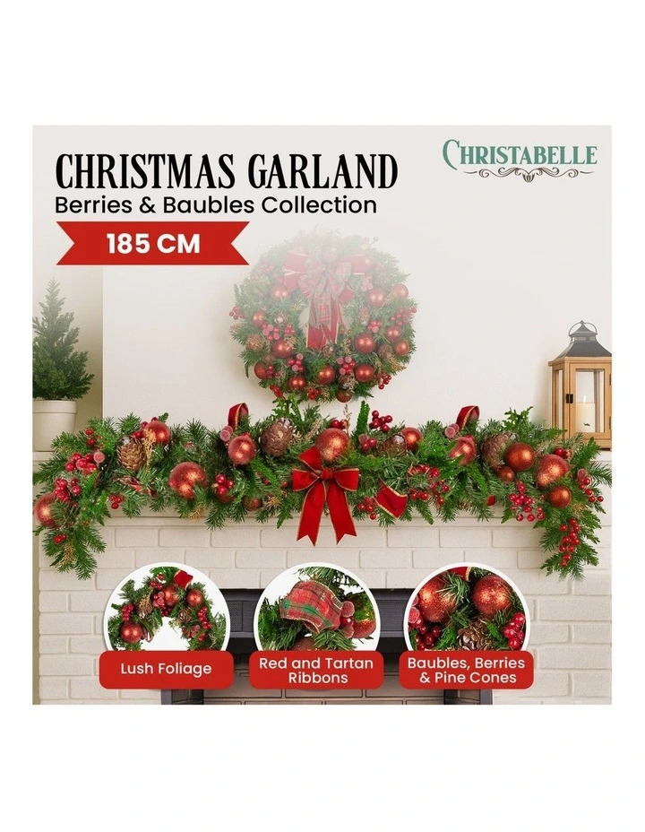 Christabelle 1.85m Christmas Garland with Red Berries Pine Cones Baubles Bows Tree Decoration image 2