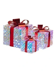 Christabelle Set of 3 Christmas Gift Boxes Display With Lights in Clear Shimmer and Red
