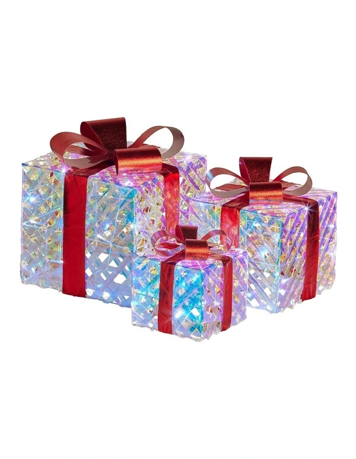 Christabelle Set of 3 Christmas Gift Boxes Display With Lights in Clear Shimmer and Red image 1