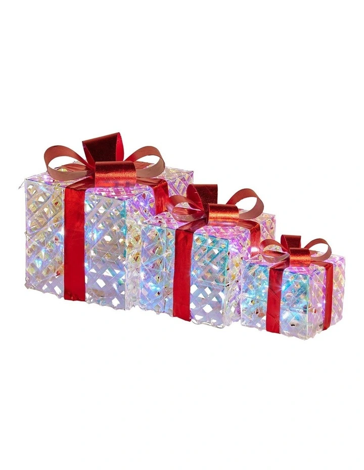 Christabelle Set of 3 Christmas Gift Boxes Display With Lights in Clear Shimmer and Red image 2