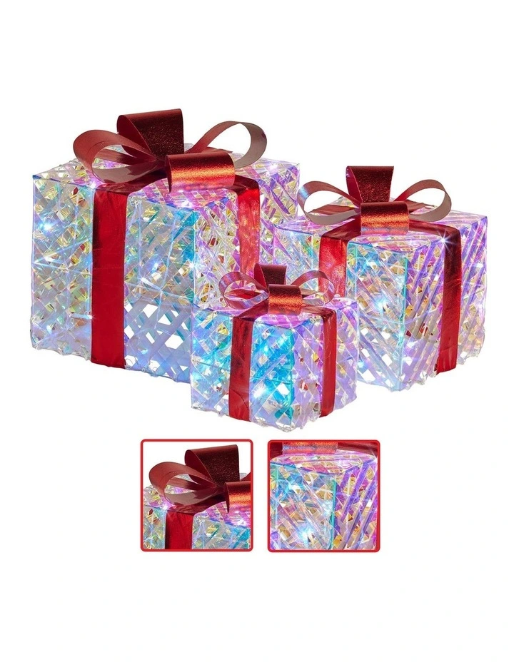 Christabelle Set of 3 Christmas Gift Boxes Display With Lights in Clear Shimmer and Red image 4