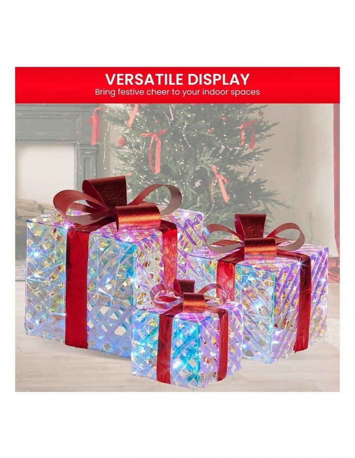 Christabelle Set of 3 Christmas Gift Boxes Display With Lights in Clear Shimmer and Red image 5