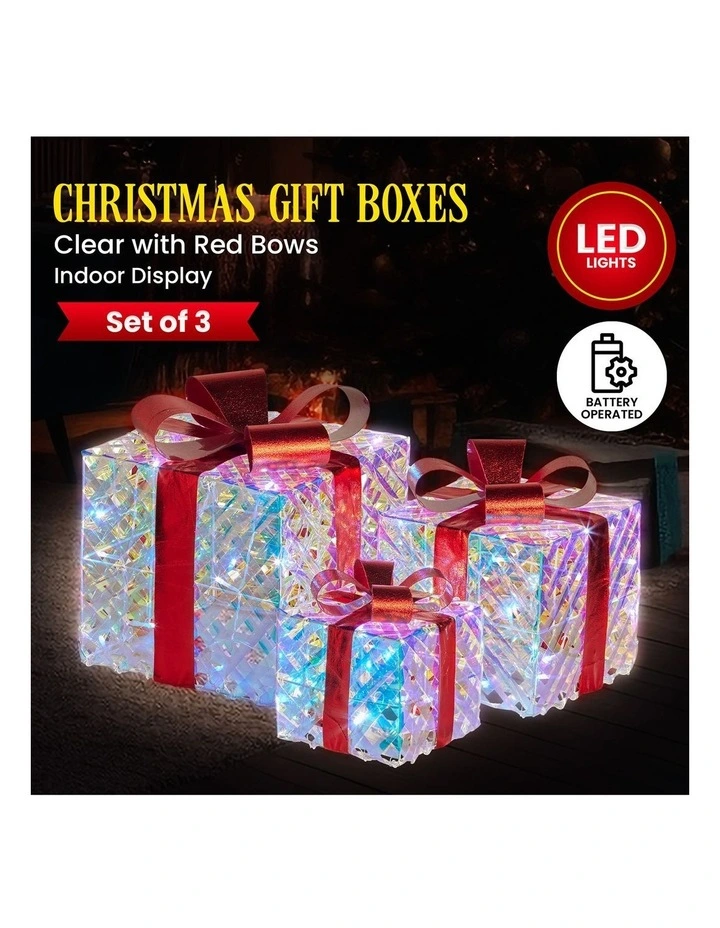 Christabelle Set of 3 Christmas Gift Boxes Display With Lights in Clear Shimmer and Red image 7