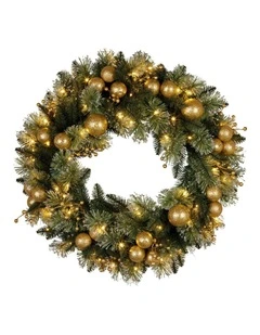 Christabelle 76cm Christmas Wreath Glittery with LED Lights Golden Baubles Front Door Decoration