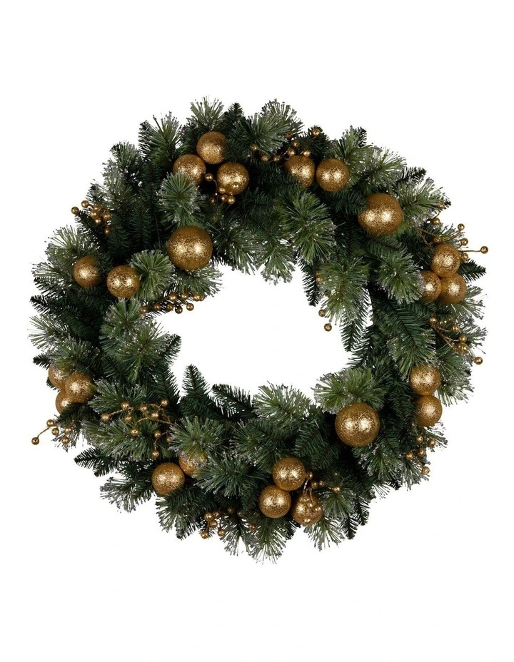 Christabelle 76cm Christmas Wreath Glittery with LED Lights Golden Baubles Front Door Decoration image 2