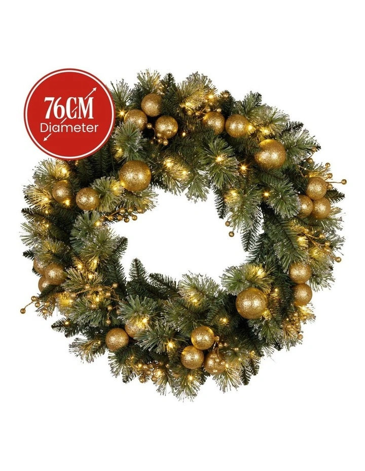 Christabelle 76cm Christmas Wreath Glittery with LED Lights Golden Baubles Front Door Decoration image 4
