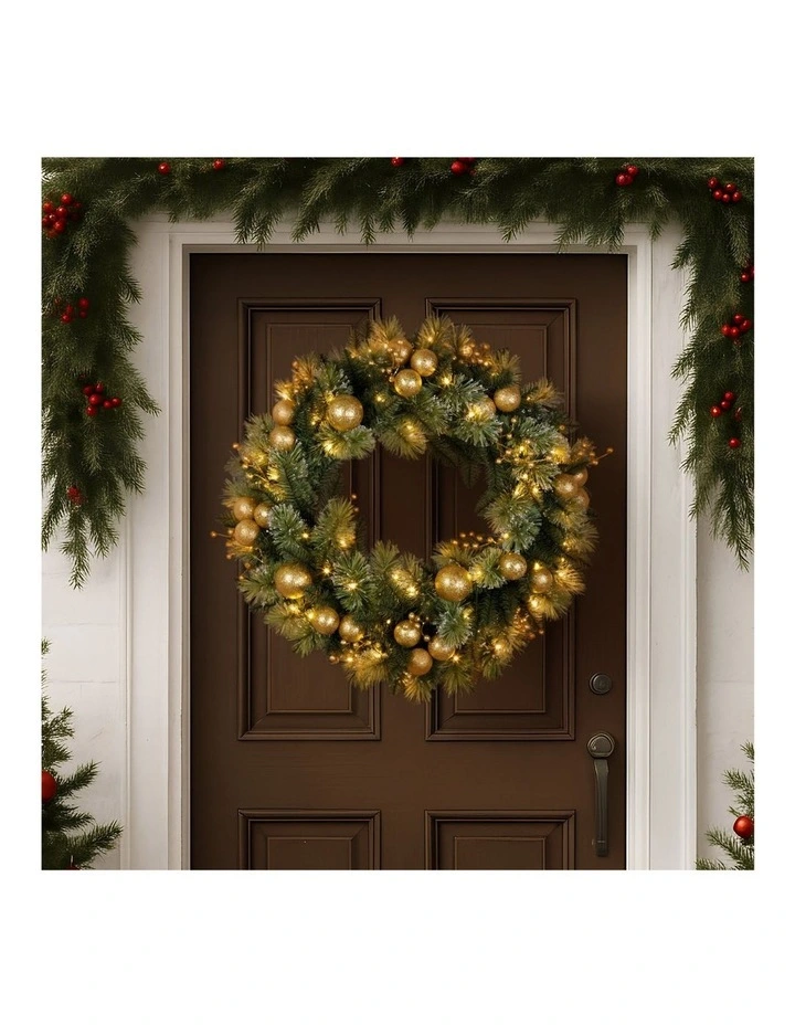 Christabelle 76cm Christmas Wreath Glittery with LED Lights Golden Baubles Front Door Decoration image 6