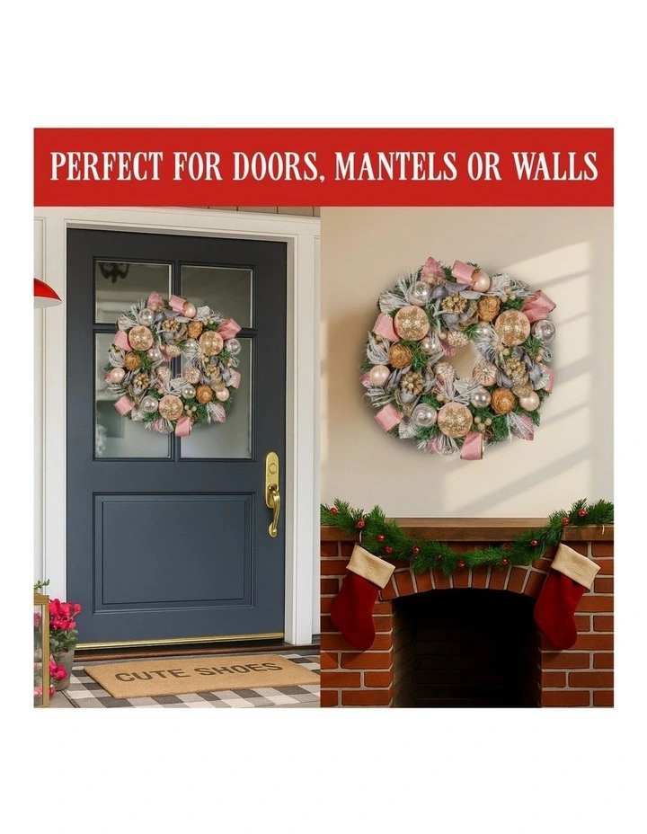 Christabelle 56cm Christmas Wreath Lush Pink Front Door Decoration Jewelled Baubles Flowers Pine image 6