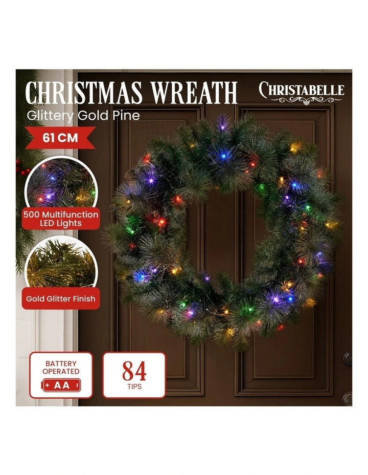 Christabelle 61cm Christmas Wreath LED Lights Glittery Gold Pine Front Door Decoration Ornament image 2