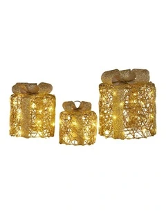 Christabelle Set of 3 Golden Christmas Gift Boxes LED Lights Indoor Holiday Decoration Ornament
