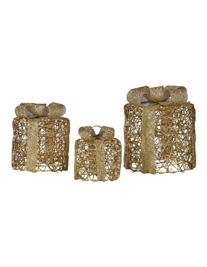 Christabelle Set of 3 Golden Christmas Gift Boxes LED Lights Indoor Holiday Decoration Ornament image 3
